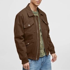 Men's Mode of One Multipocket Bomber Style Brown Zip Up Jacket